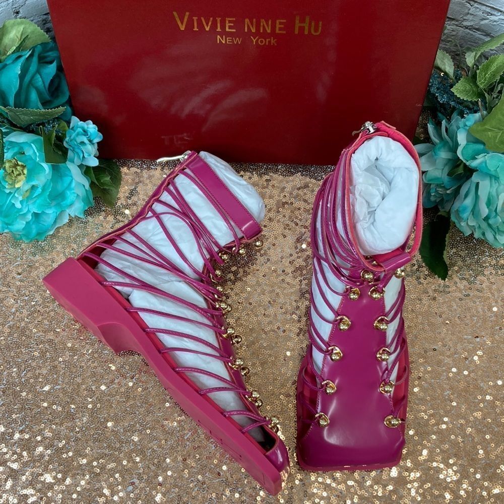 Vivienne Hu New York Studded Pink Leather Strappy Ankle Boots